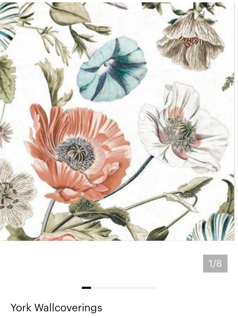 Vintage Poppy Room Mates Wallpaper - Green, Teal, Cream Botanical.